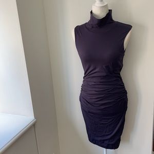 VELVET by G&S Navy Ruched high neck body con dress